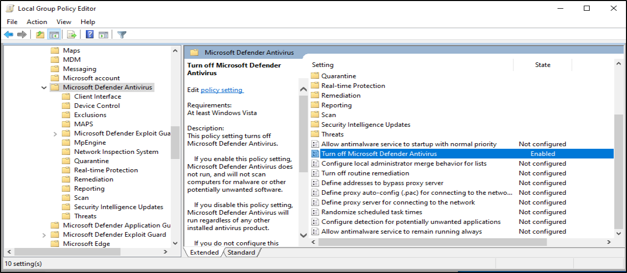 Disabling Windows Defender Antivirus